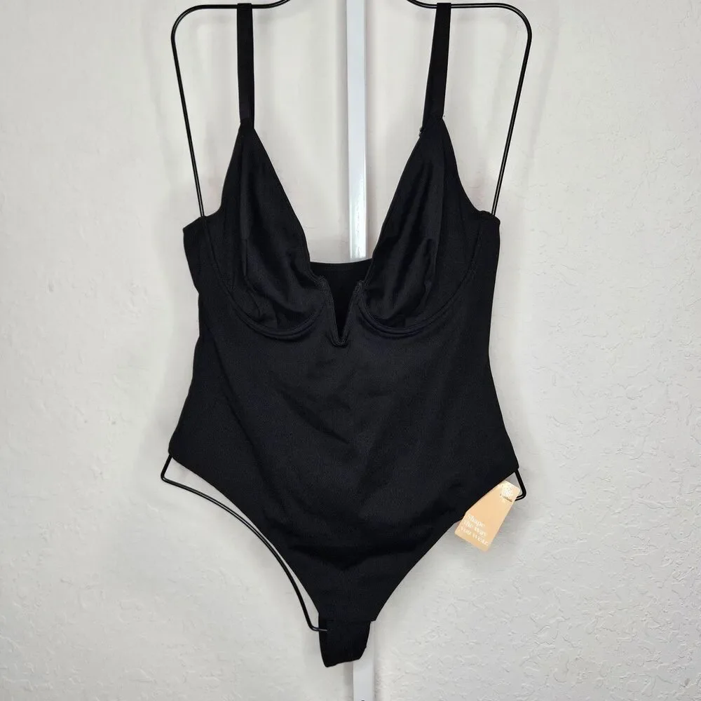 Popilush Thong Bodysuit Shapewear‎ Black One Piece Deep V Neck Underwire XL NEW